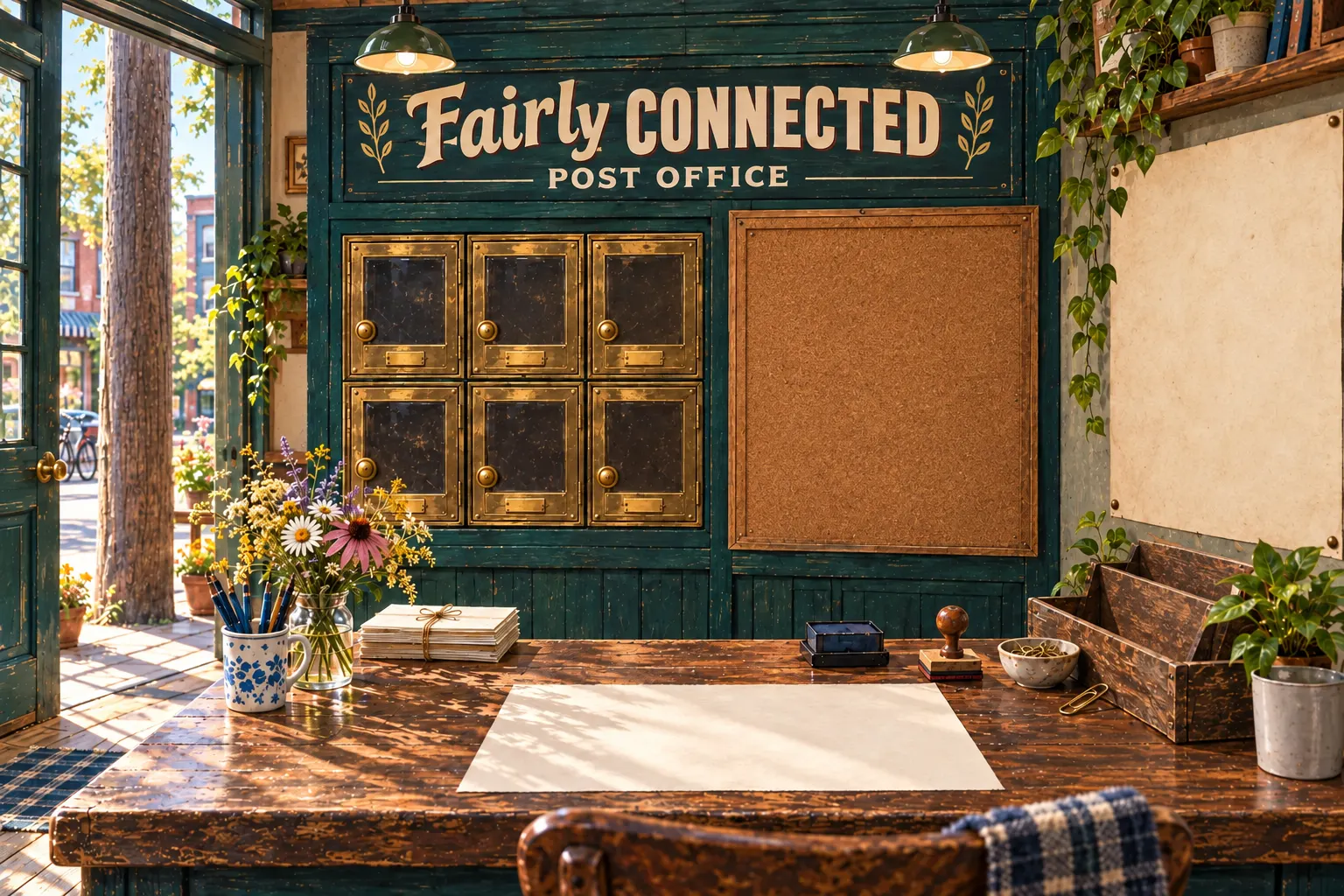 Sunlit green post office: a timber pole, brass mailboxes, a corkboard, a writing counter and a paper map.